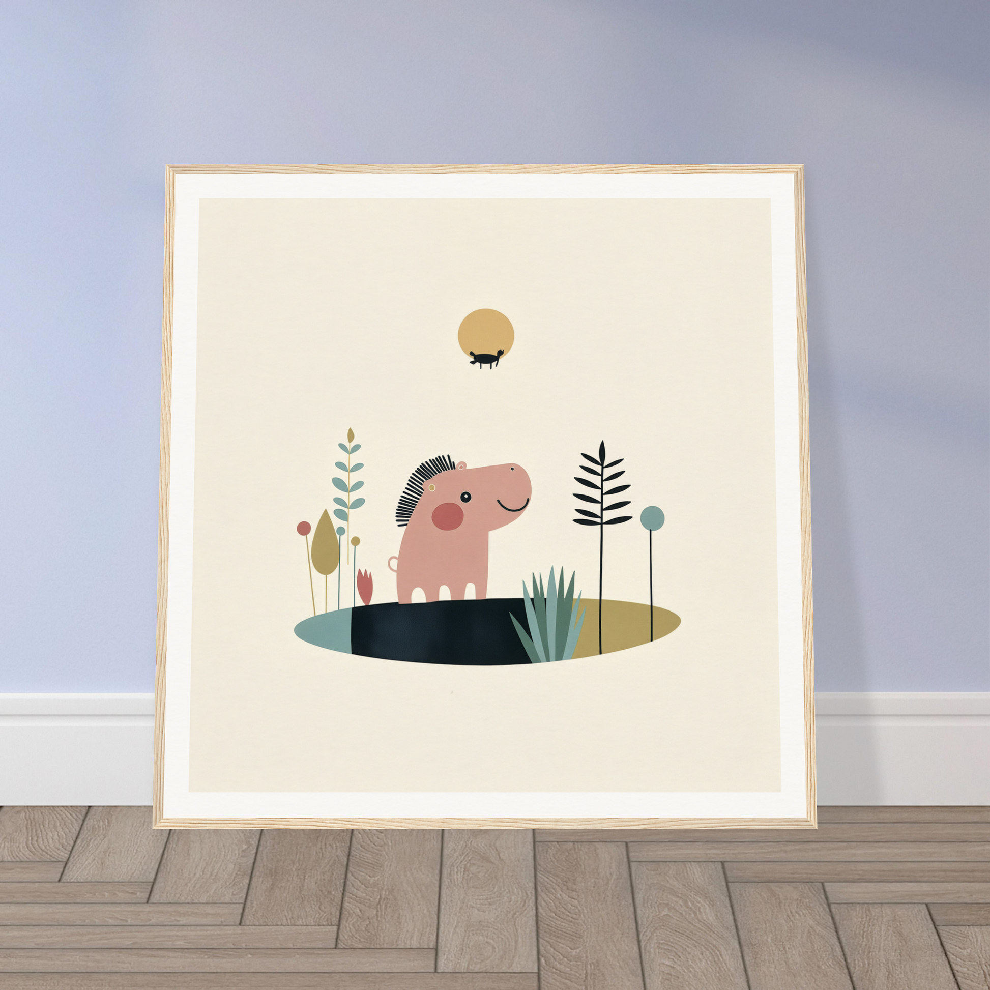 Framed art print of a pink mammoth, perfect for nursery wall art and decor