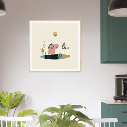 Framed minimalist art print of a pig with plants and sun, perfect for nursery wall art