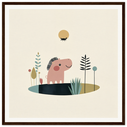 Pink cartoon hippo with spiky mohawk, perfect for nursery wall art and decor