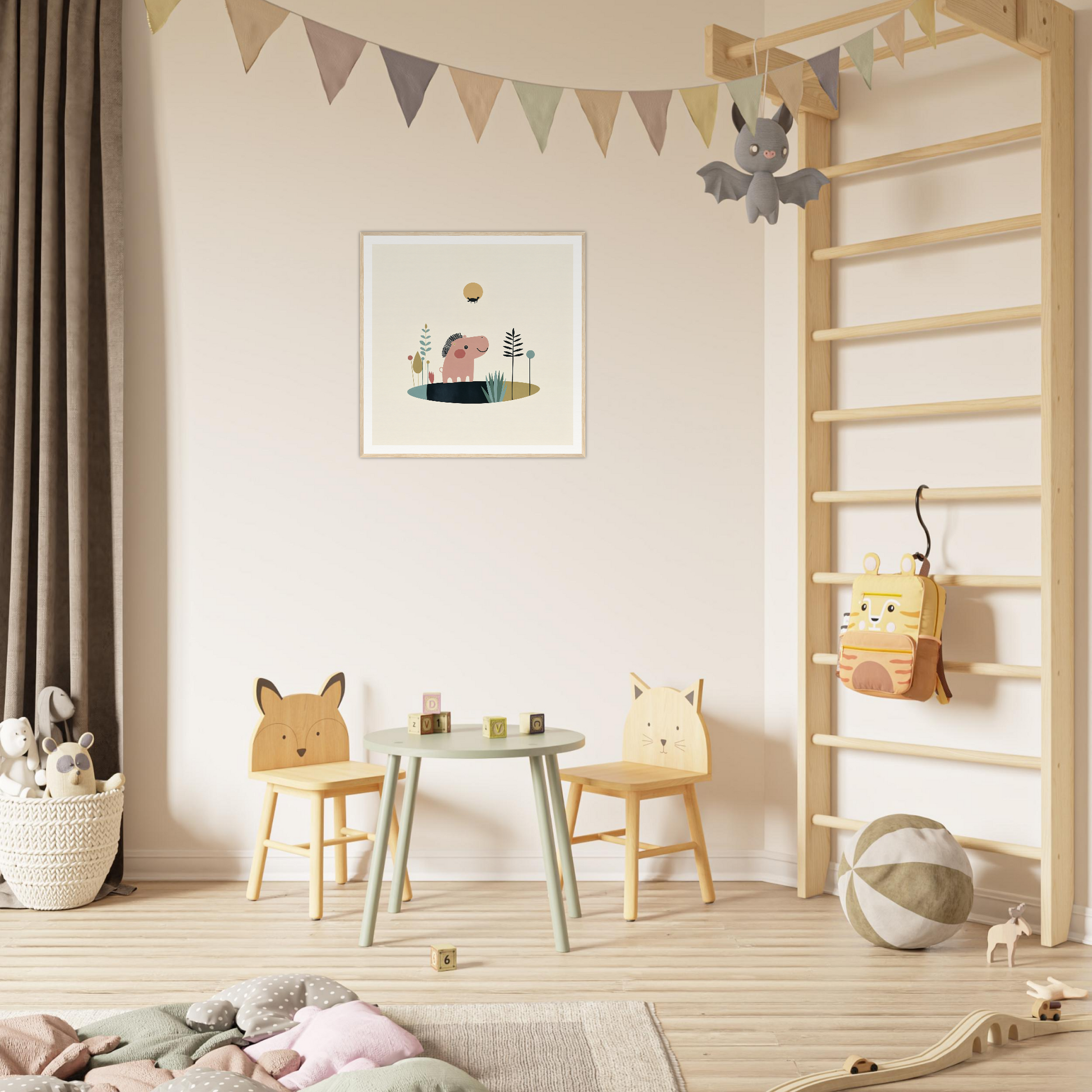 Colorful children’s play area with animal chairs and mint green table, perfect for nursery decor