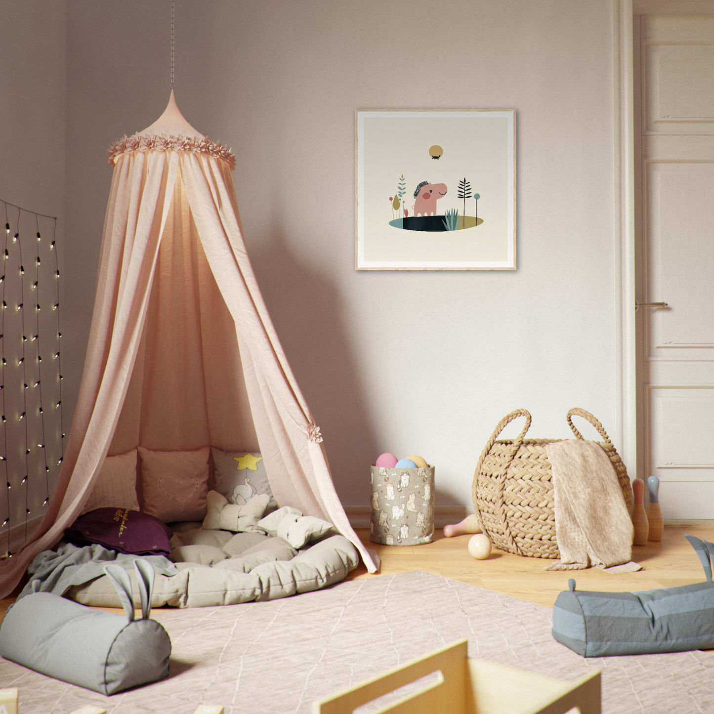 Pink canopy tent with cushions, perfect as cute nursery decor for cozy spaces