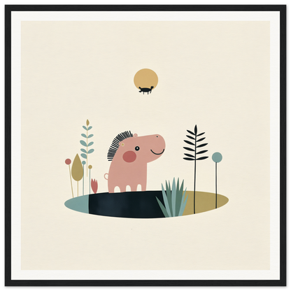 Playful Pink Cartoon Hippo with Mohawk for Fun Nursery Wall Art or Decor