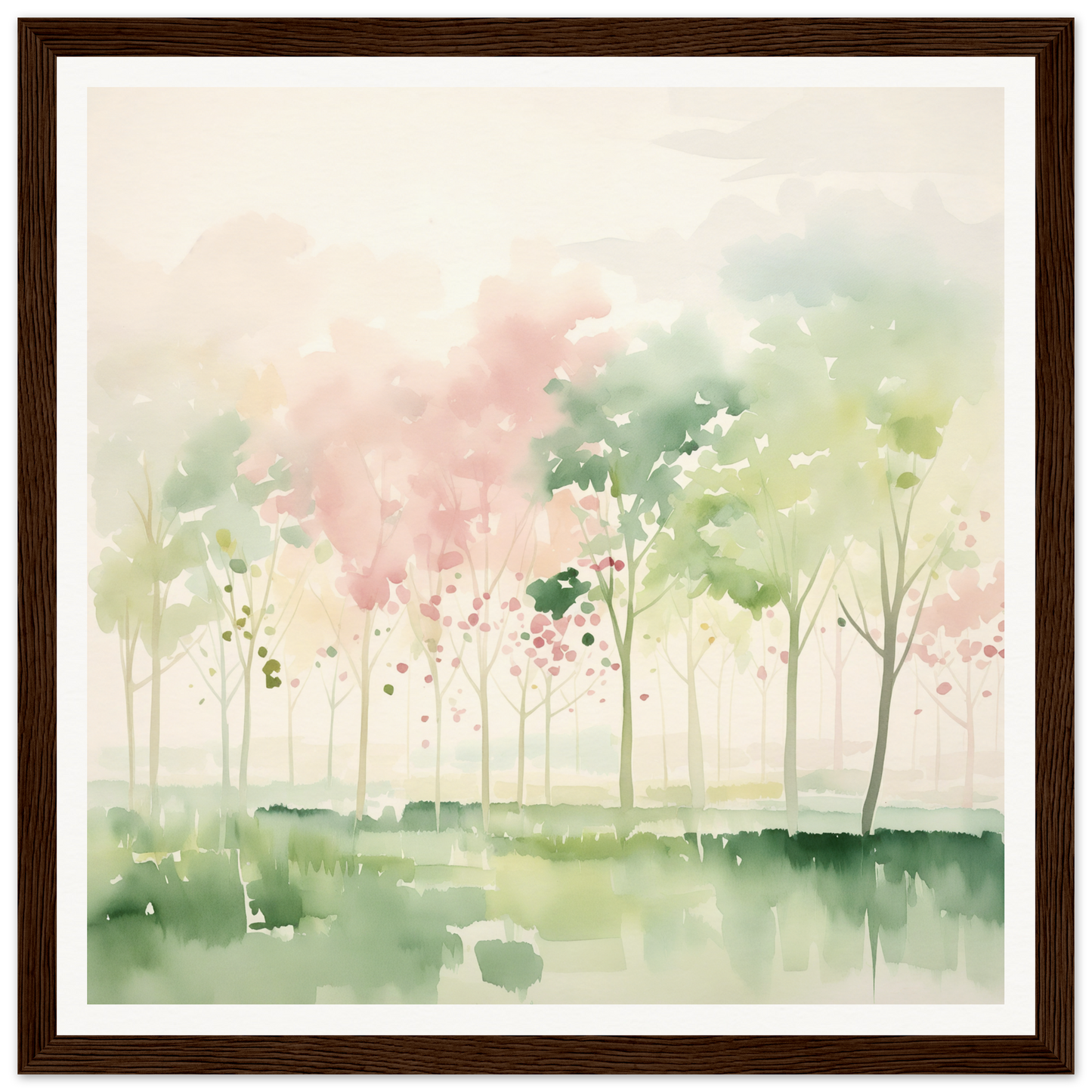 Watercolor painting of misty spring trees for nursery wall art in pink and green