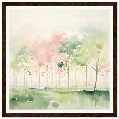 Watercolor painting of misty spring trees for nursery wall art in pink and green