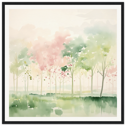 Watercolor painting of misty spring trees for cute nursery wall art and decor