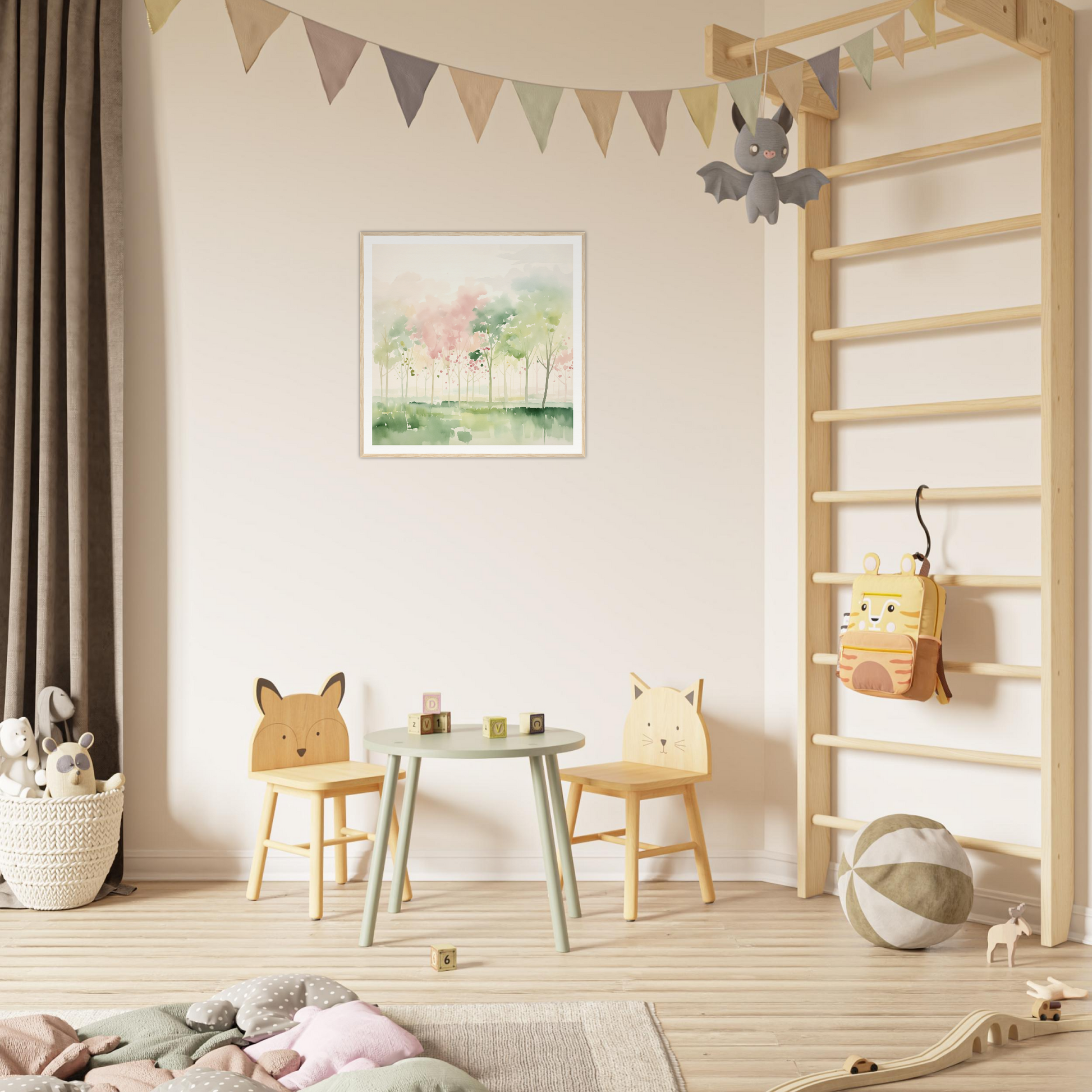 Kids’ play area with animal chairs and table, perfect for nursery decor or framed poster