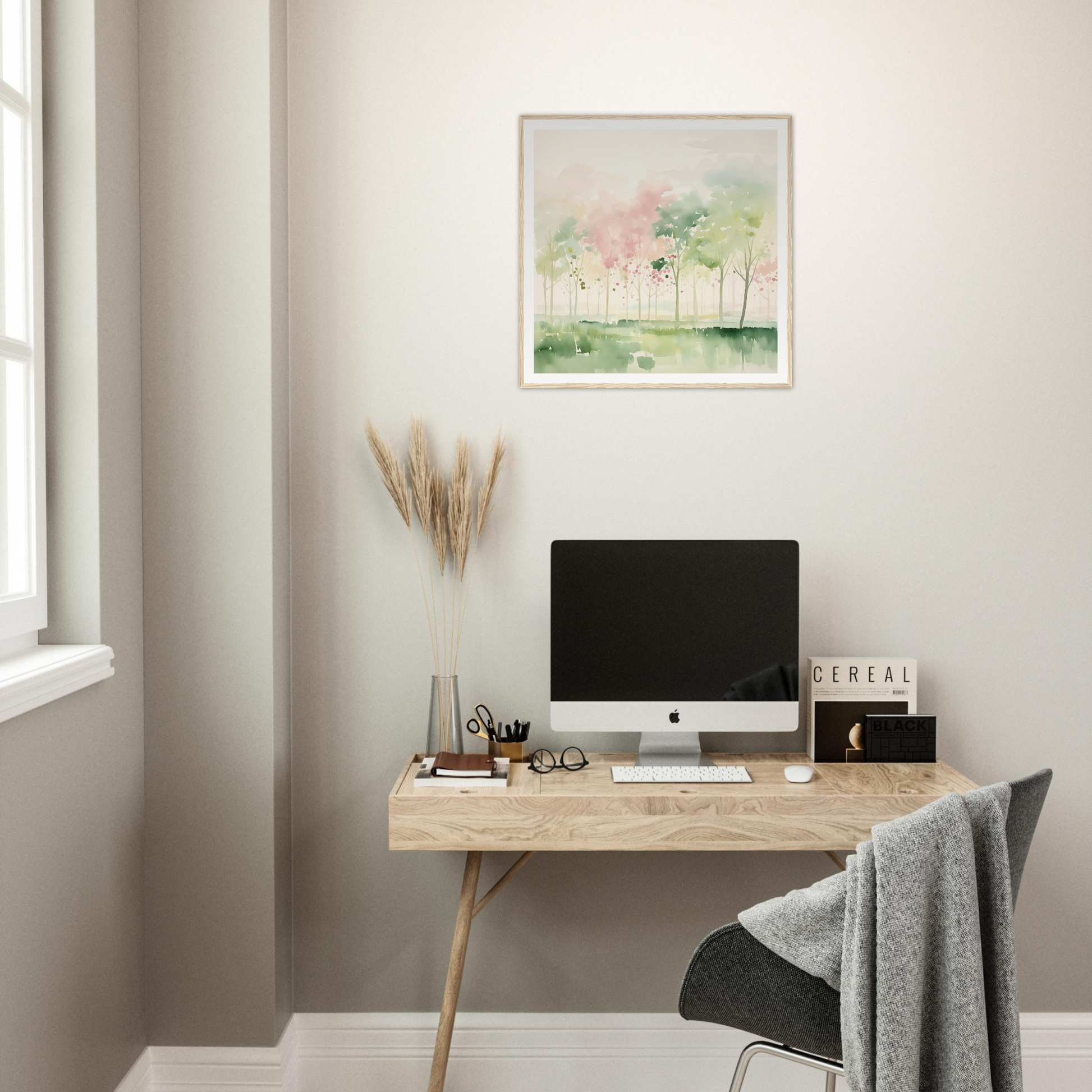 Minimalist wooden desk with iMac and stylish decor for nursery wall art vibes