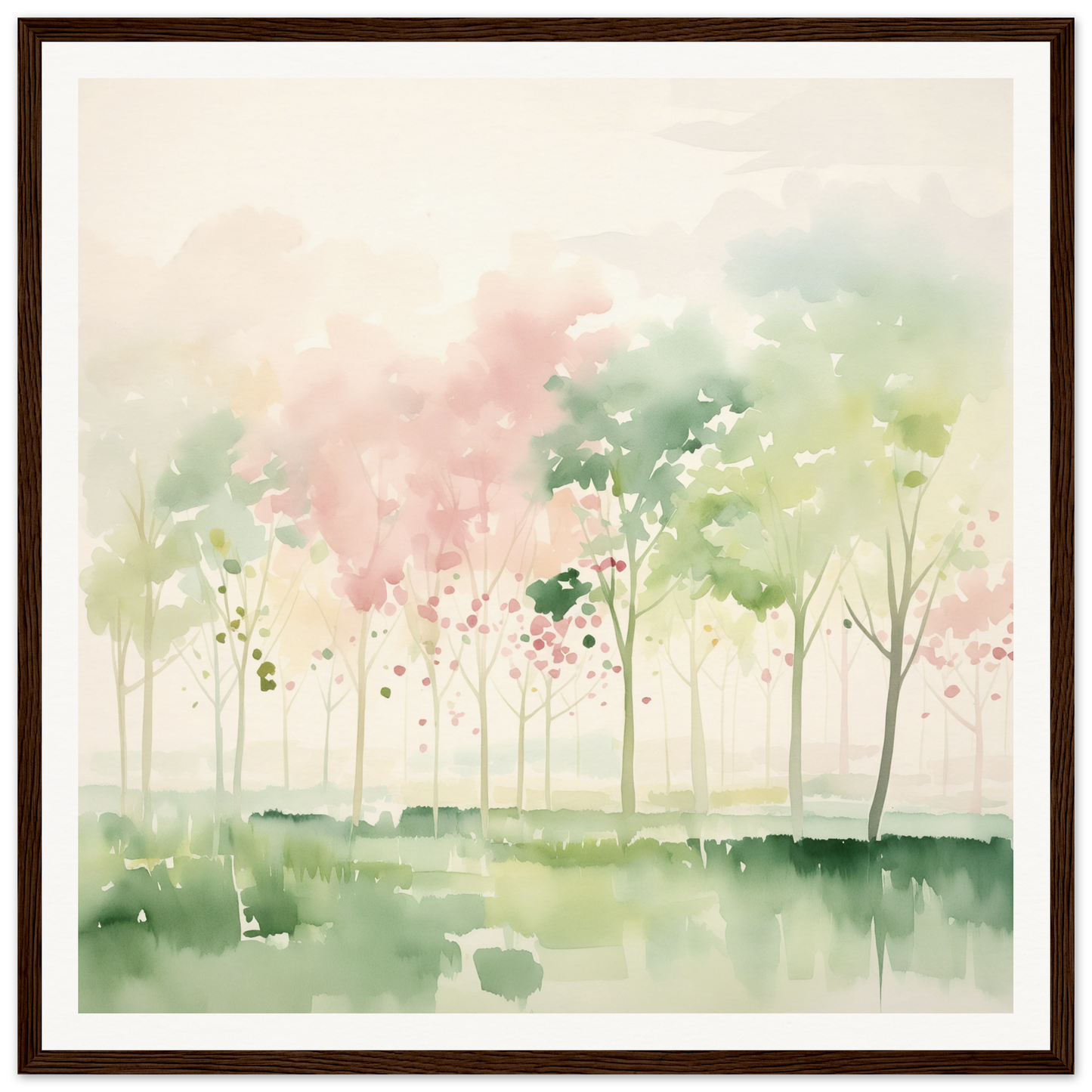 Watercolor painting of misty spring trees for nursery wall art in pink and green hues