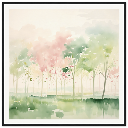 Watercolor painting of misty spring trees with pink blossoms for nursery wall art