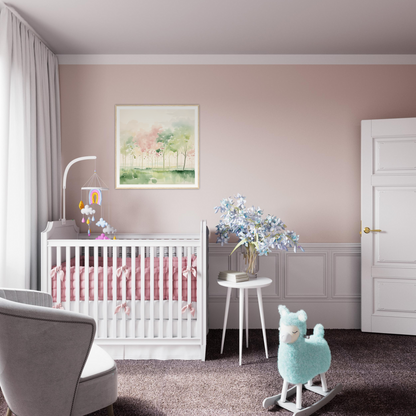 White wooden crib with pink bedding, perfect for nursery decor and framed poster style