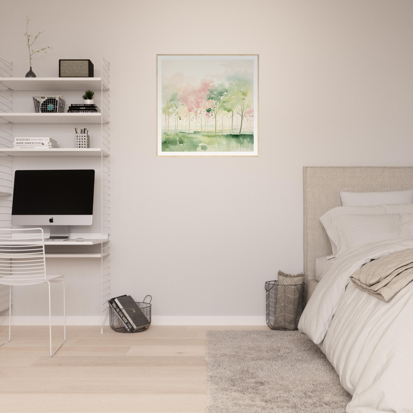 Minimalist bedroom workspace with floating shelves and iMac, perfect for nursery decor