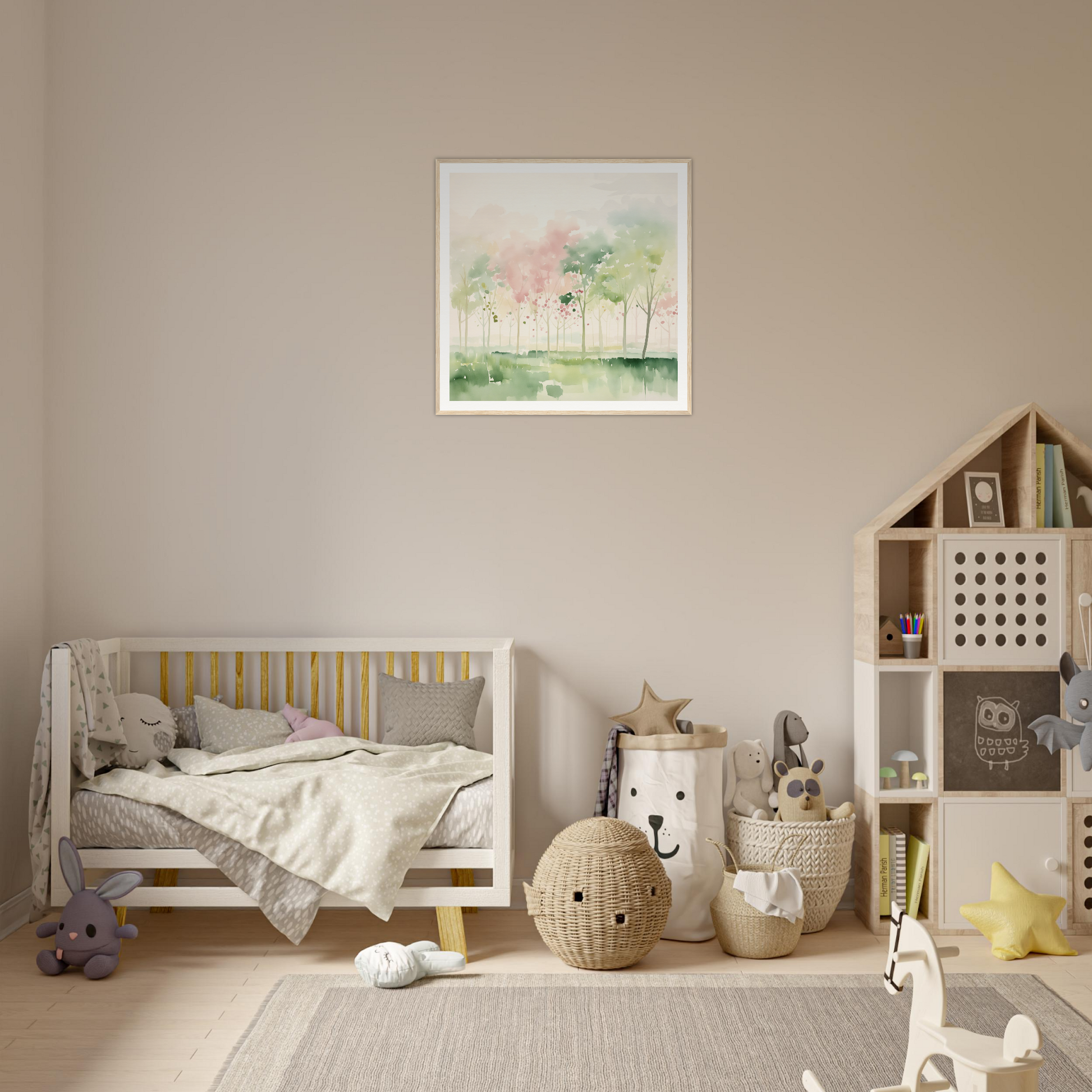 Stylish wooden crib with gray bedding and yellow slats, perfect for nursery decor