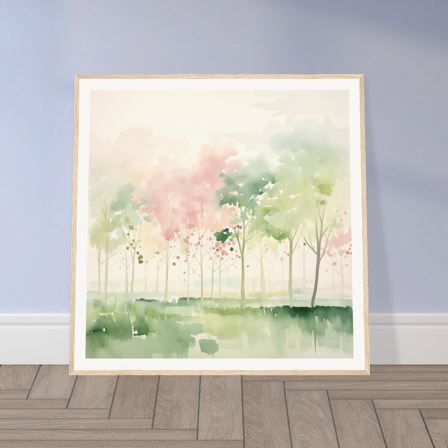 Framed watercolor painting of misty trees, perfect for nursery wall art and decor