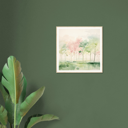 Framed watercolor painting of trees in pink and green, perfect nursery wall art