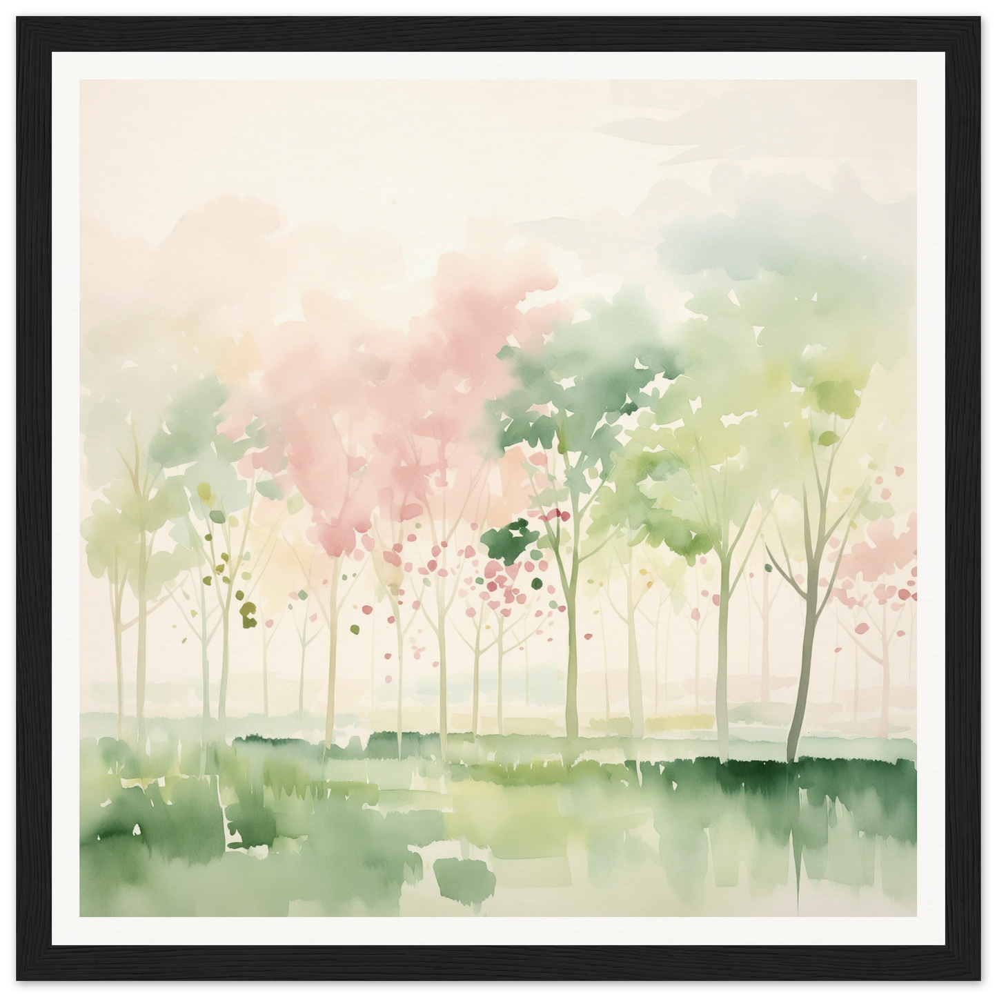 Watercolor painting of misty trees in pink and green for nursery wall art decor