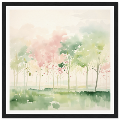 Watercolor painting of misty trees in pink and green for nursery wall art decor