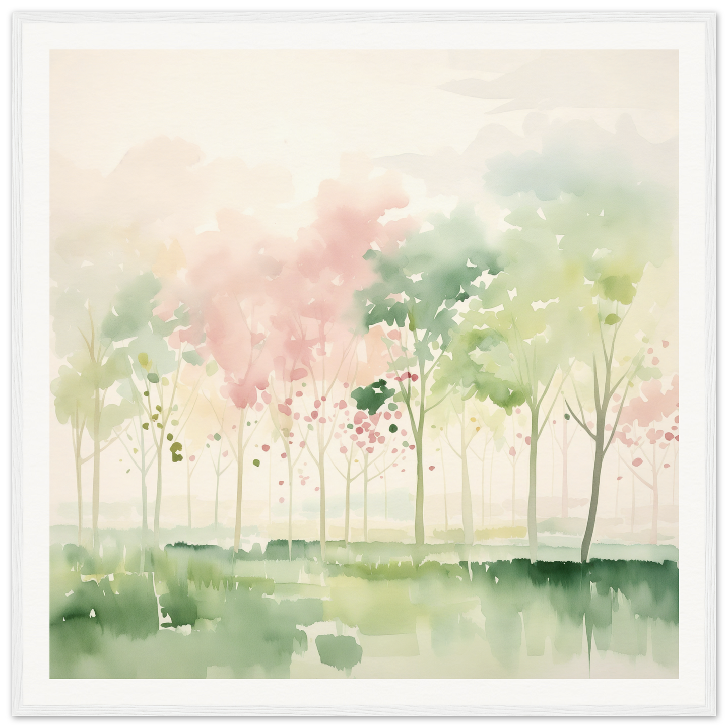 Watercolor painting of misty spring trees with pink blossoms for nursery wall art