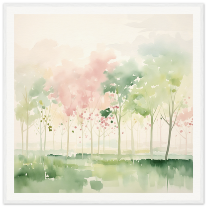 Watercolor painting of misty spring trees with pink blossoms for nursery wall art