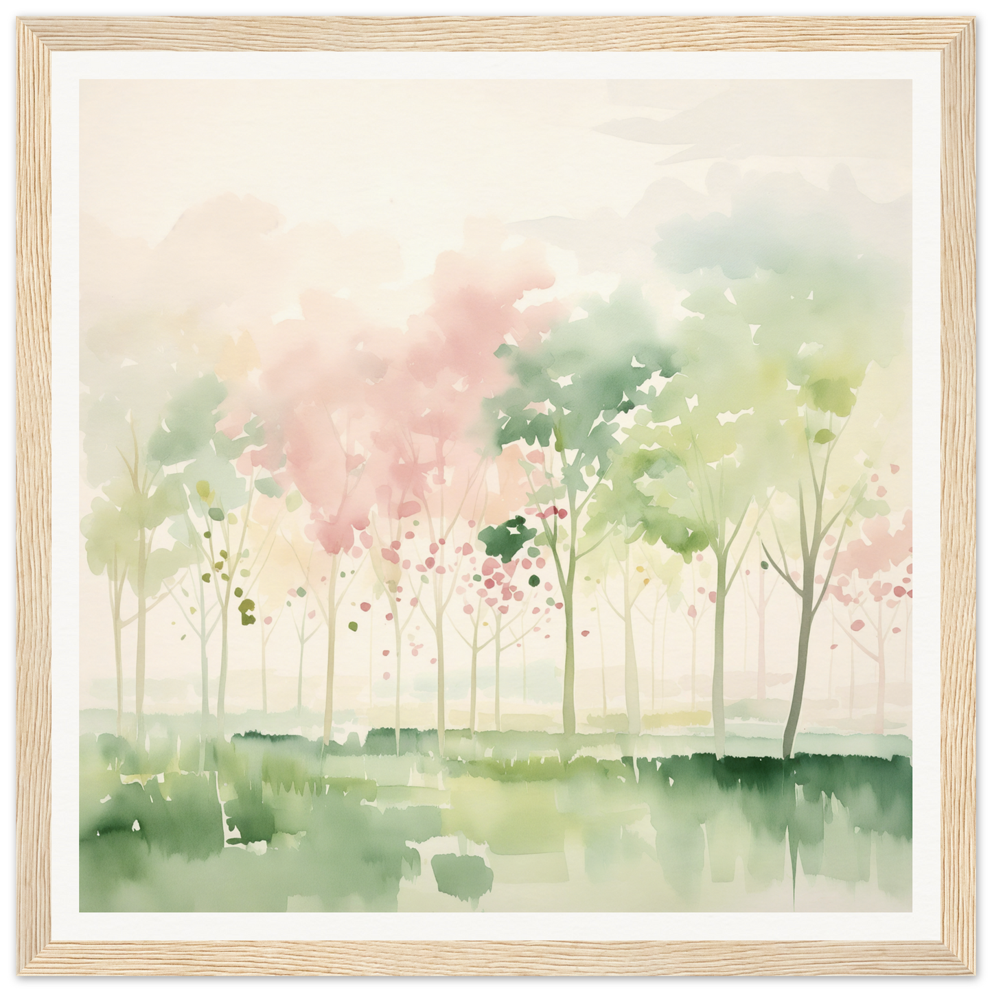 Watercolor painting of misty spring trees for nursery wall art or decor