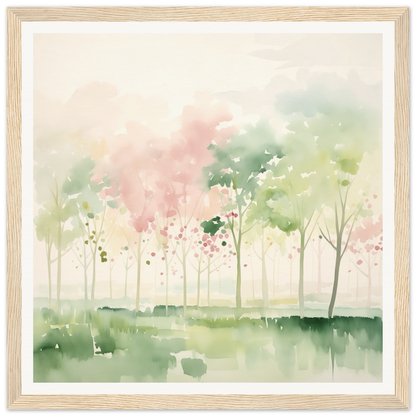 Watercolor painting of misty spring trees for nursery wall art or decor