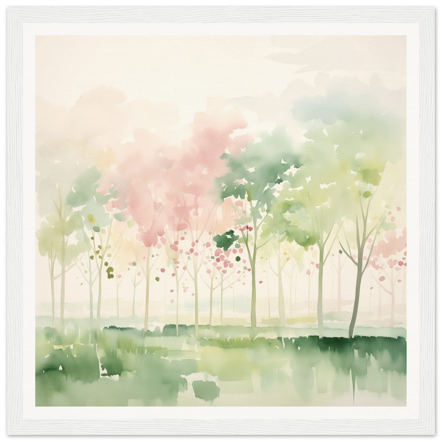 Watercolor painting of misty trees in a pond for nursery wall art or decor