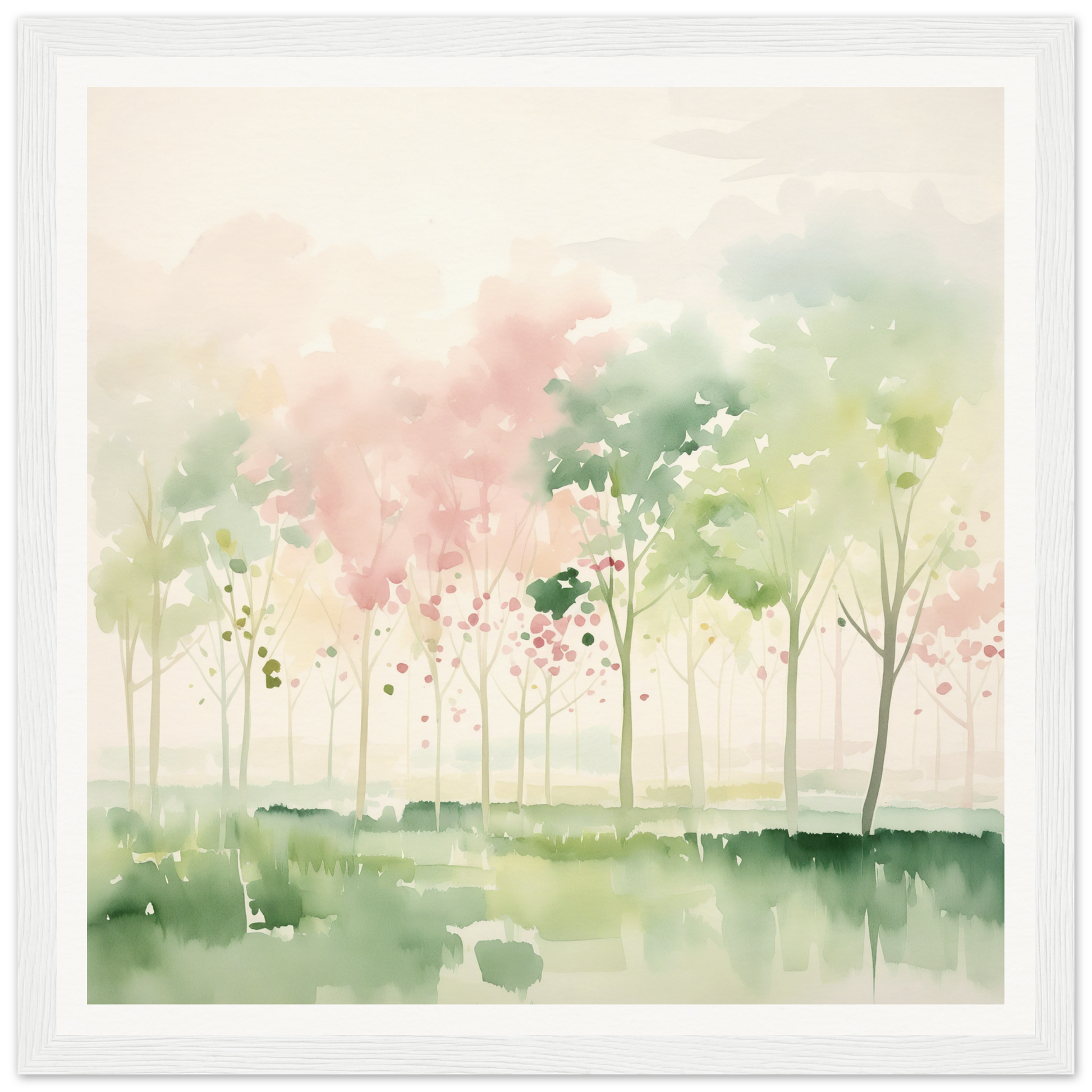 Watercolor painting of misty trees in a pond for nursery wall art or decor