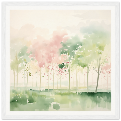 Watercolor painting of misty trees in a pond for nursery wall art or decor