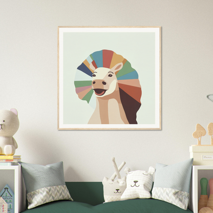 Smiling kangaroo geometric art print for fun nursery wall decor in framed poster style