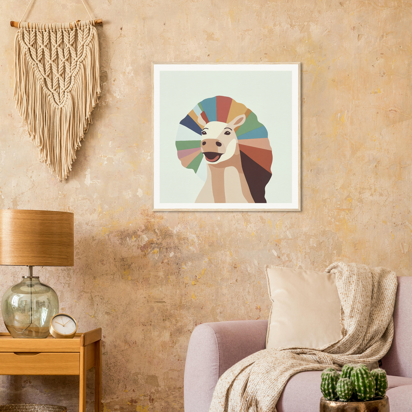 Geometric kangaroo illustration with colorful sunburst for nursery wall art decor