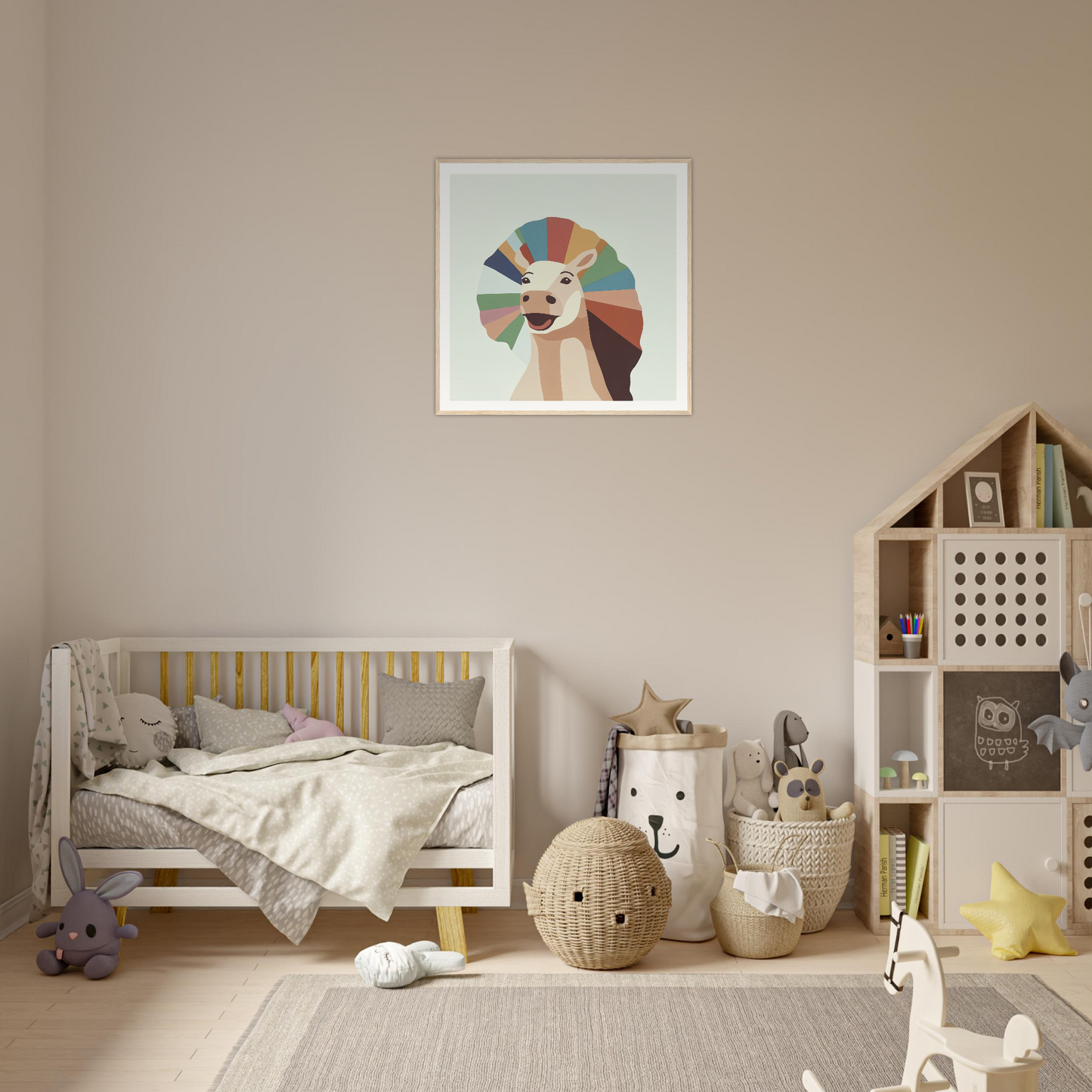 Cozy neutral-toned nursery featuring crib, framed poster, and stylish storage baskets