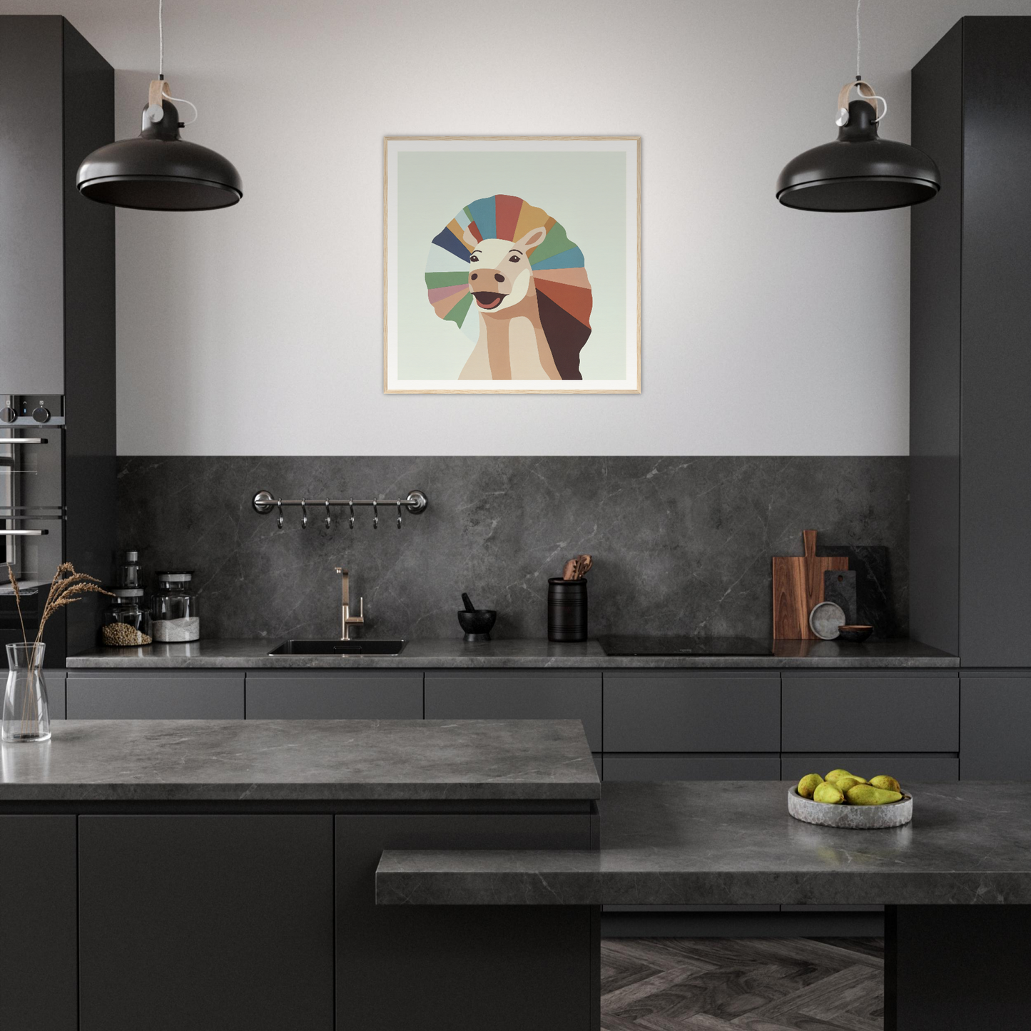 Modern dark gray kitchen featuring geometric dog artwork, perfect nursery wall art