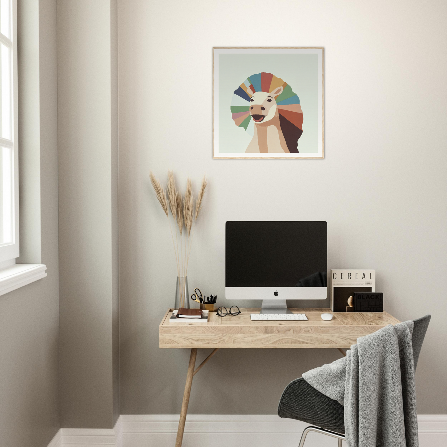 Minimalist wooden desk with iMac and nursery wall art above in Product80 setup