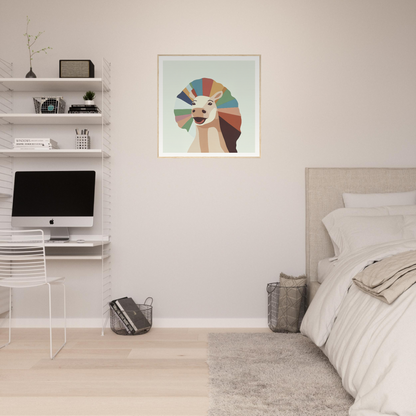 Modern bedroom featuring floating shelves, iMac, and geometric nursery wall art