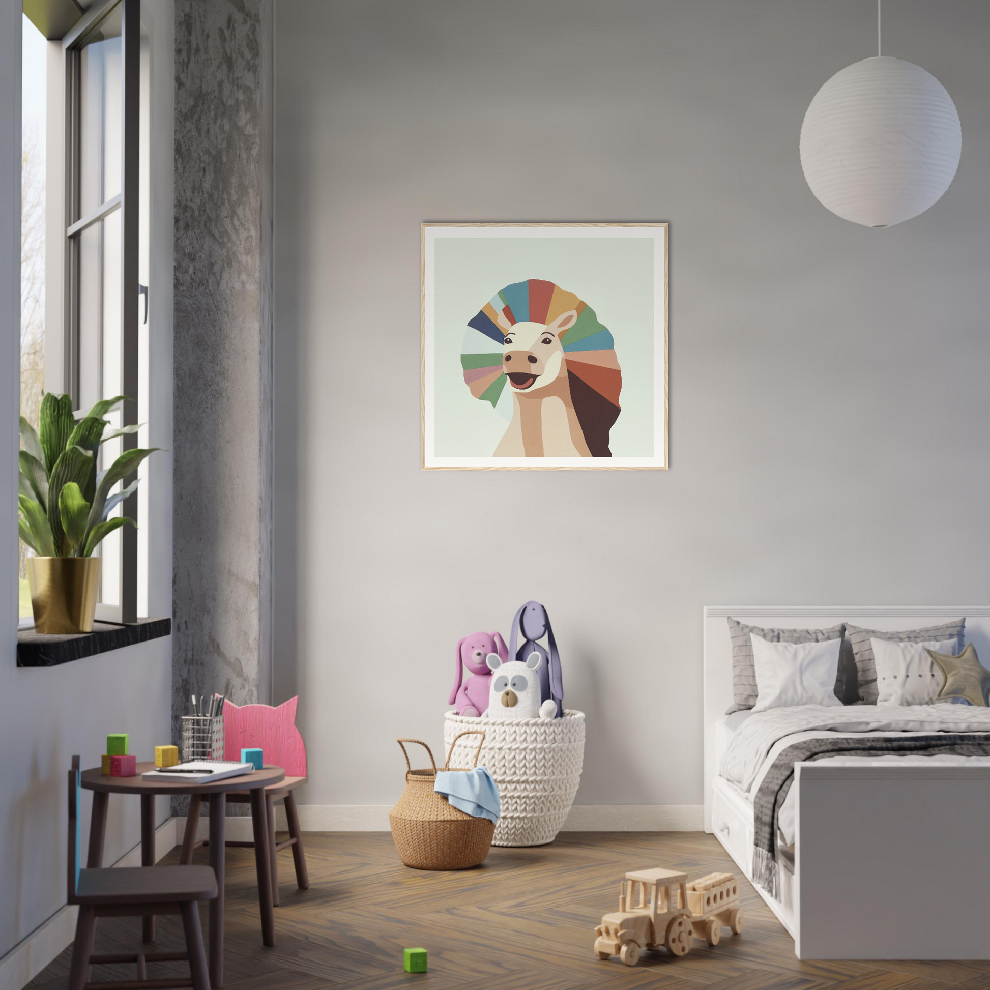 Modern bedroom with minimalist decor and colorful dog portrait nursery wall art