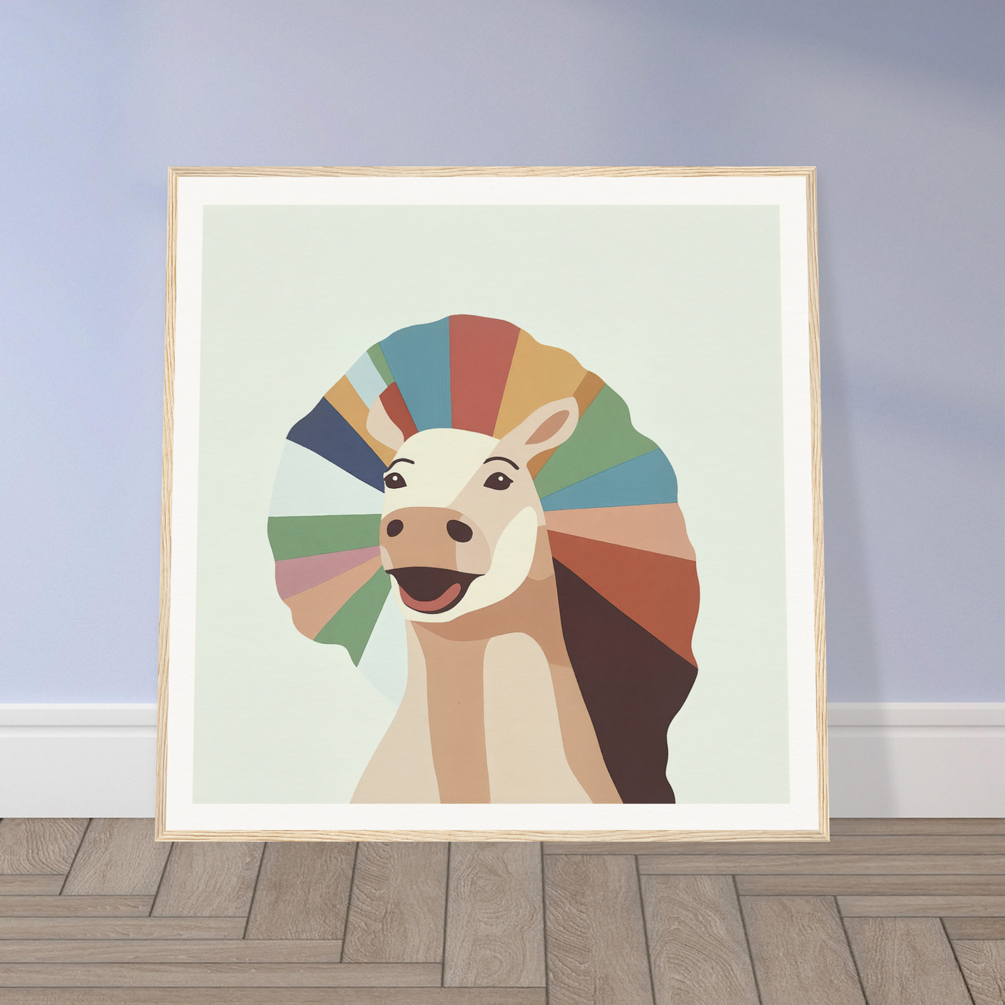 Colorful geometric art print of a smiling donkey for fun nursery wall art