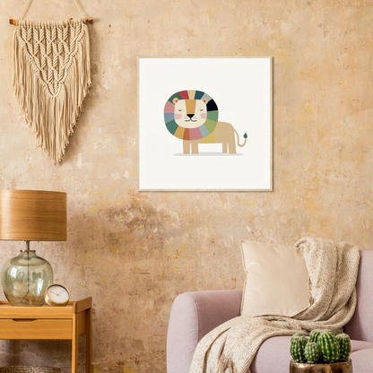 Colorful geometric lion illustration for trendy nursery wall art or decor