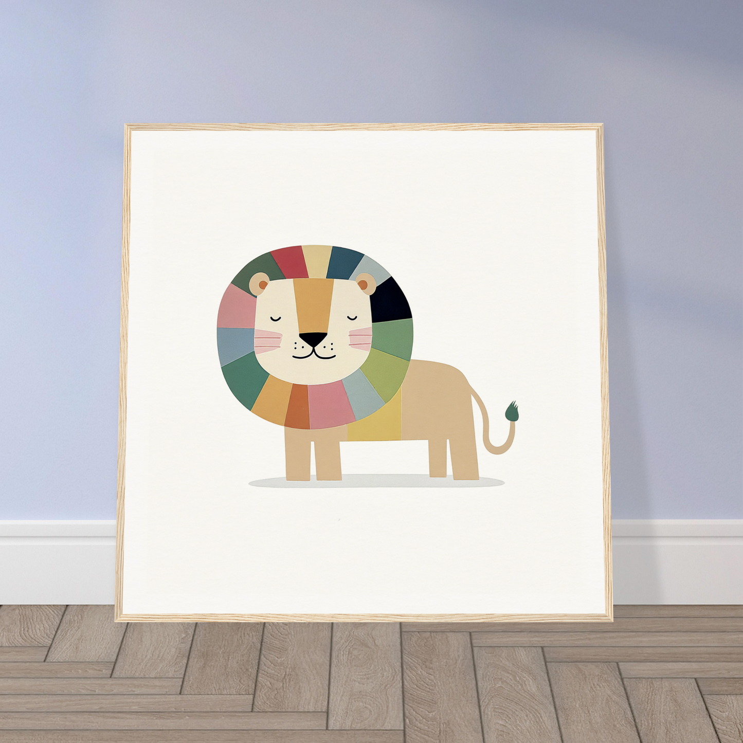 Cute cartoon lion with pastel mane, perfect for nursery wall art or decor