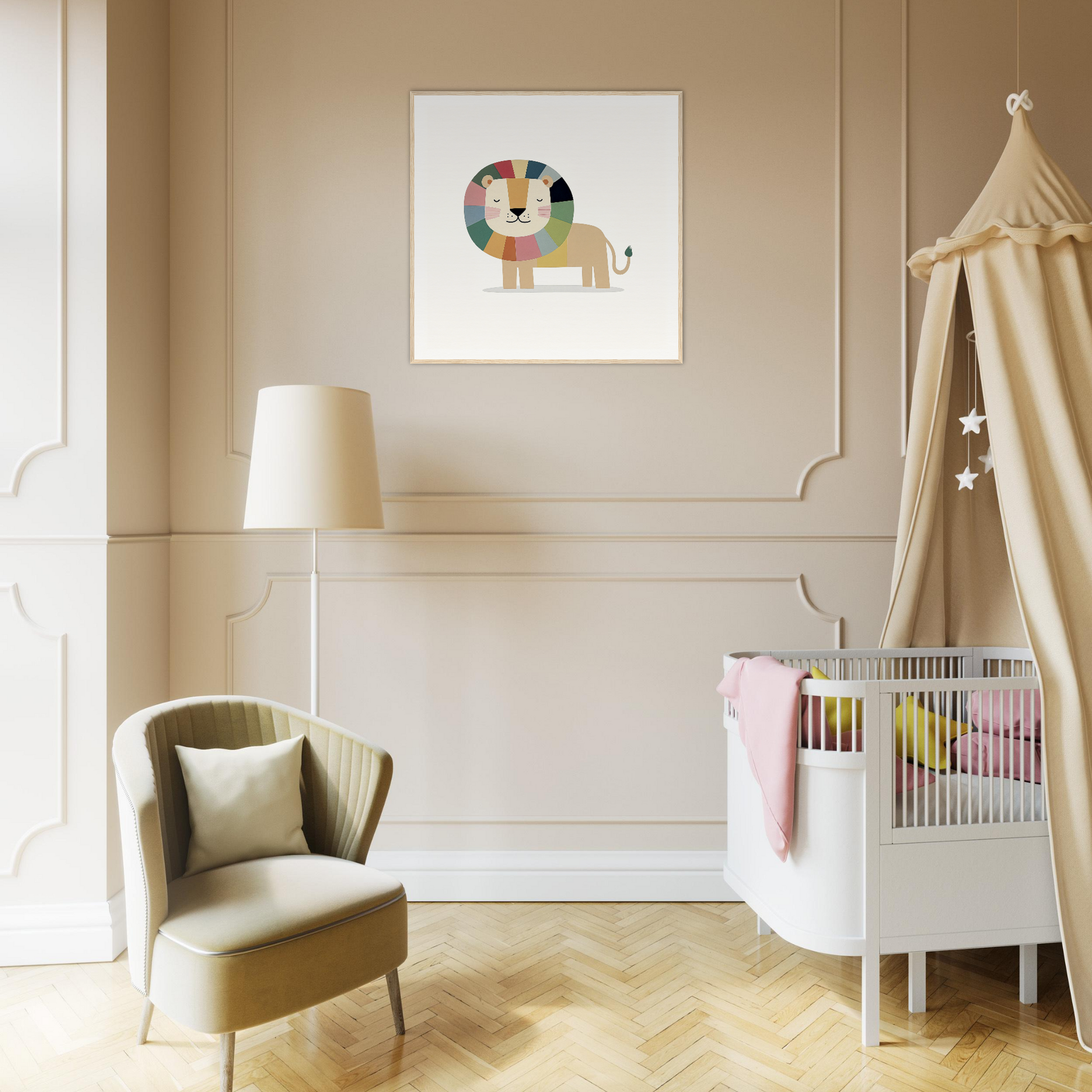 Stylish nursery decor featuring a modern crib, beige canopy, and geometric lion nursery wall art