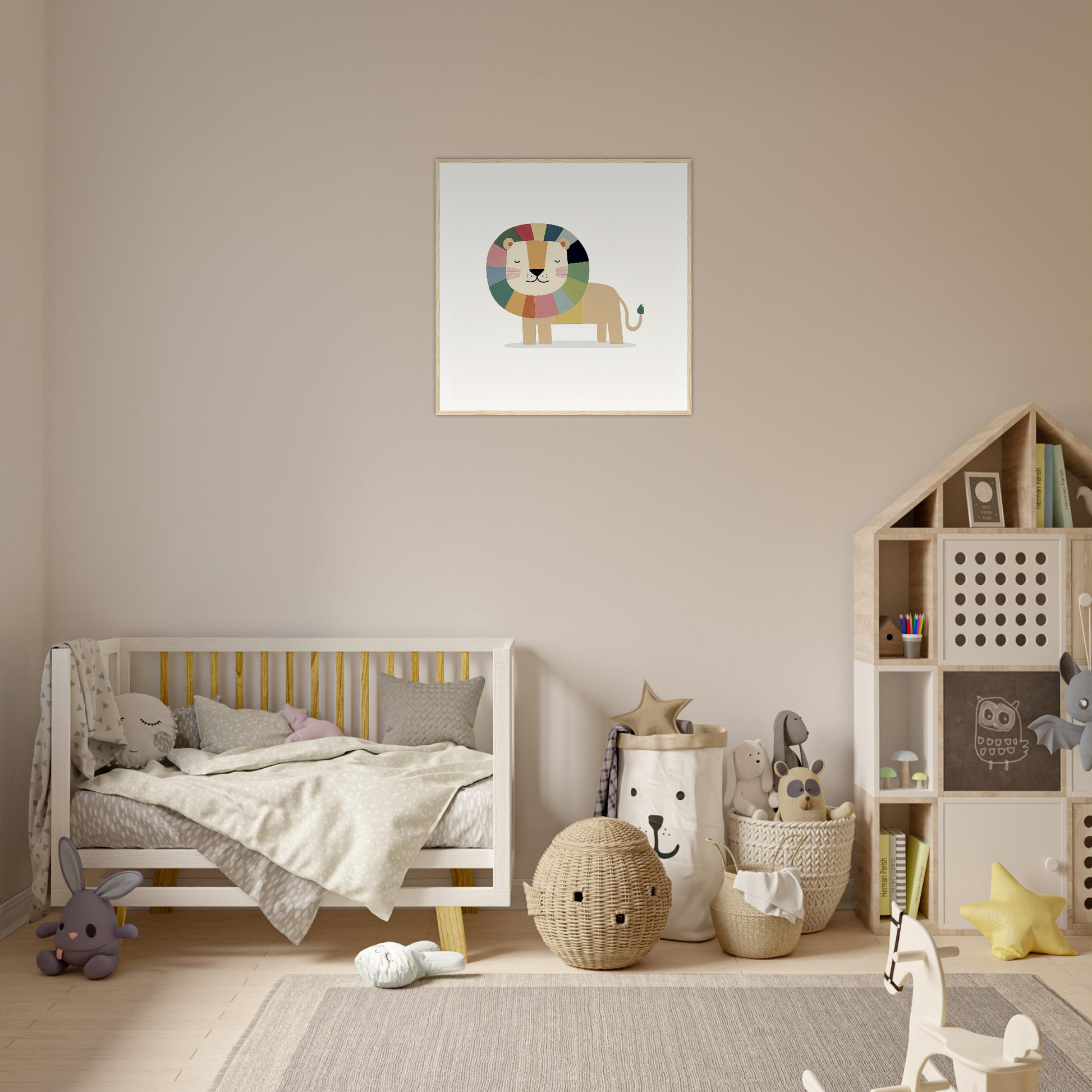 Cozy nursery decor featuring playful animal art and neutral colors in product83