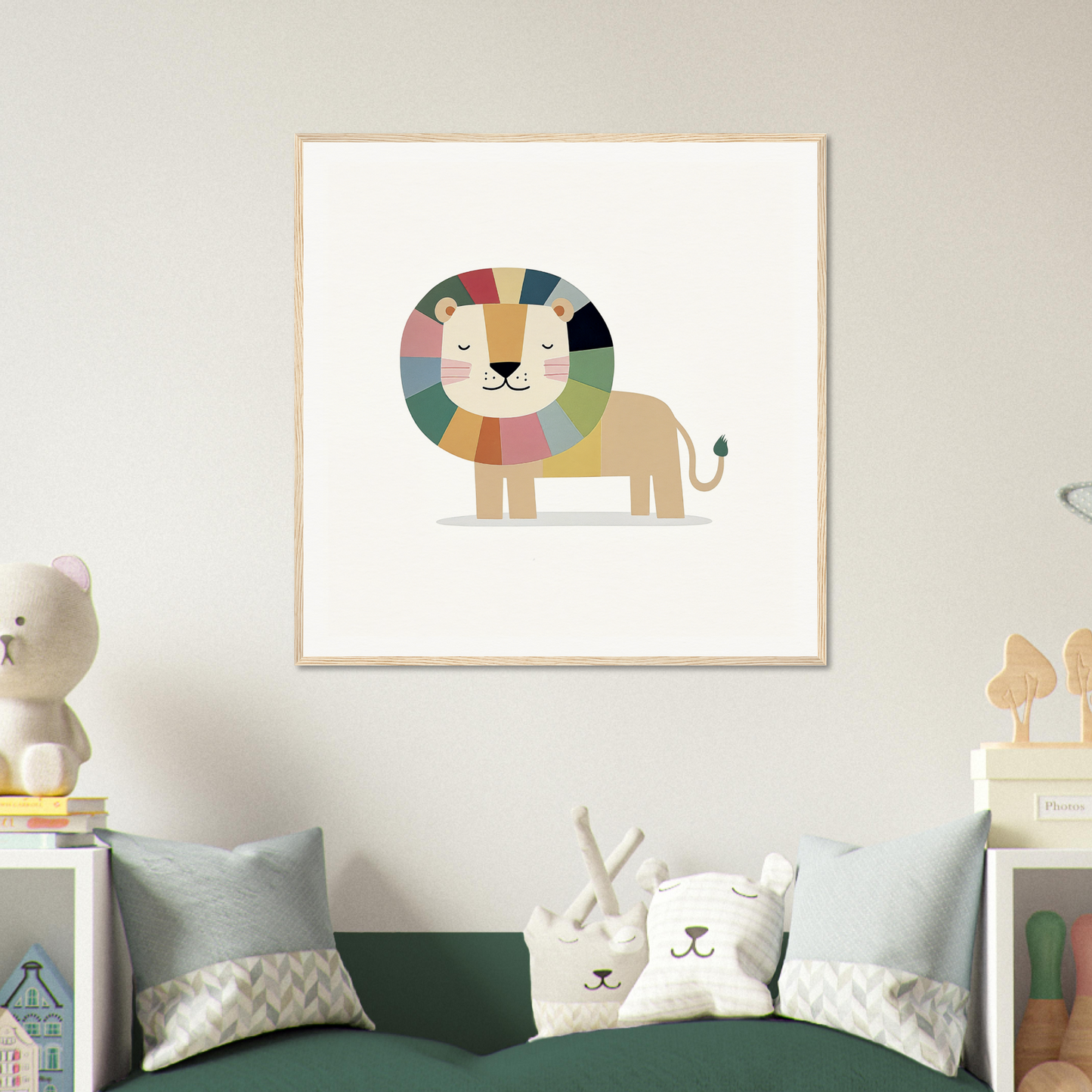 Colorful geometric lion illustration with rainbow mane for nursery wall art or decor