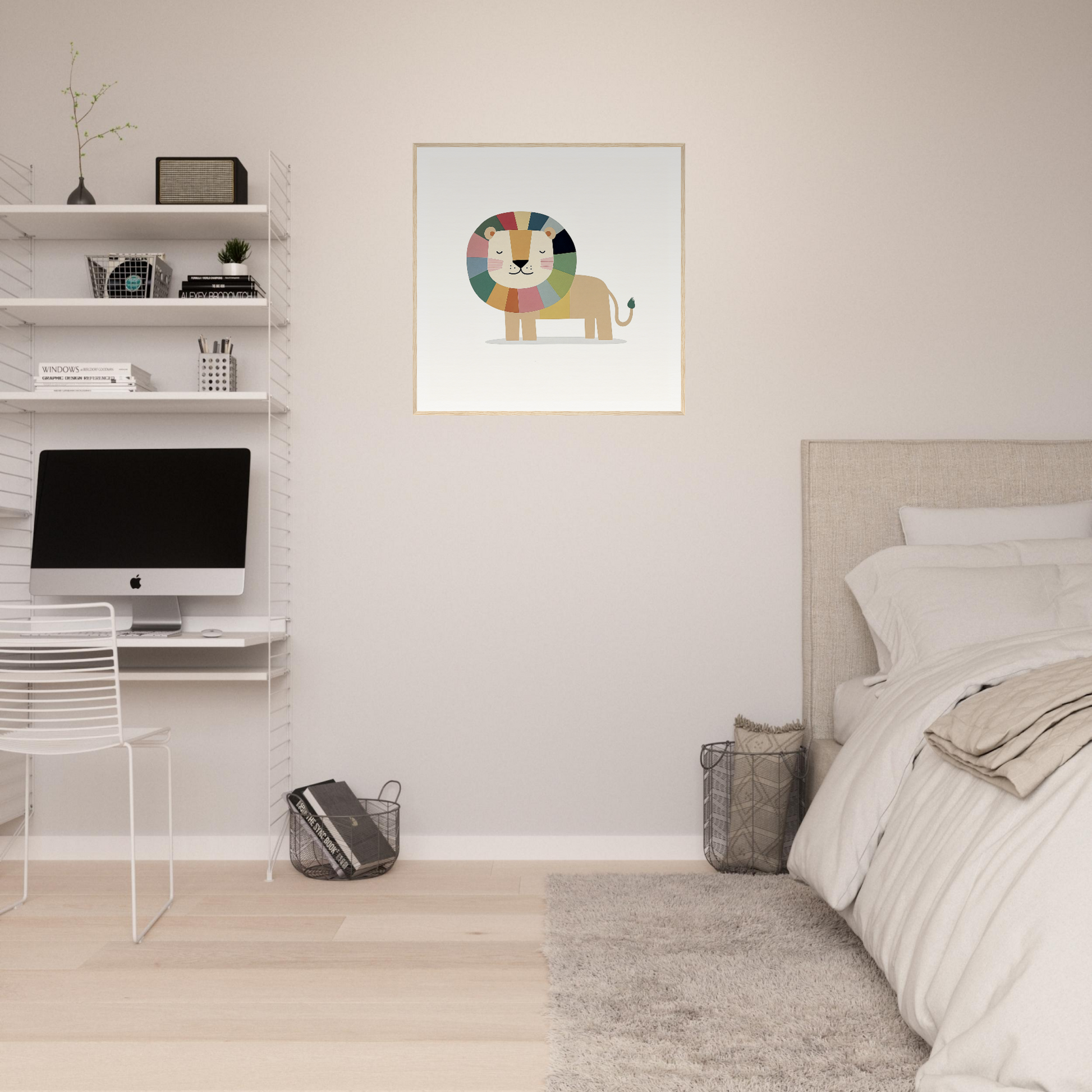 Colorful geometric lion artwork as nursery wall art in framed poster for unique nursery decor