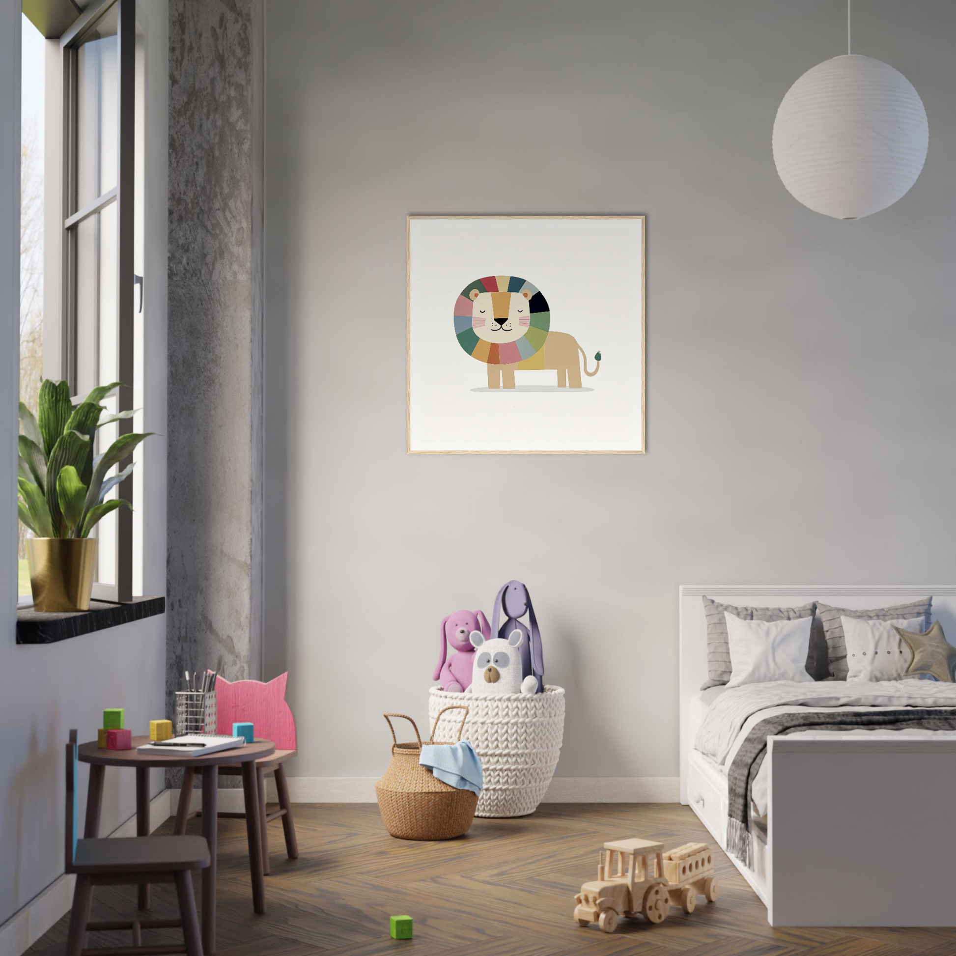 Modern bedroom with minimalist decor featuring geometric lion nursery wall art