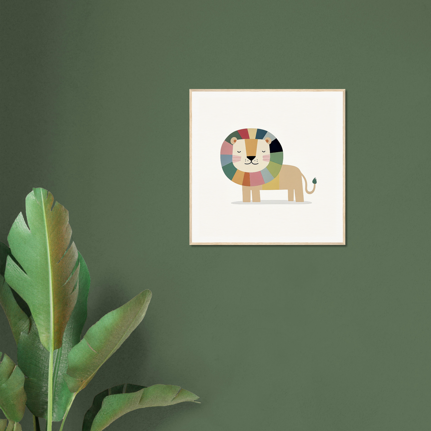 Colorful cartoon lion with rainbow mane in a white frame for nursery wall art