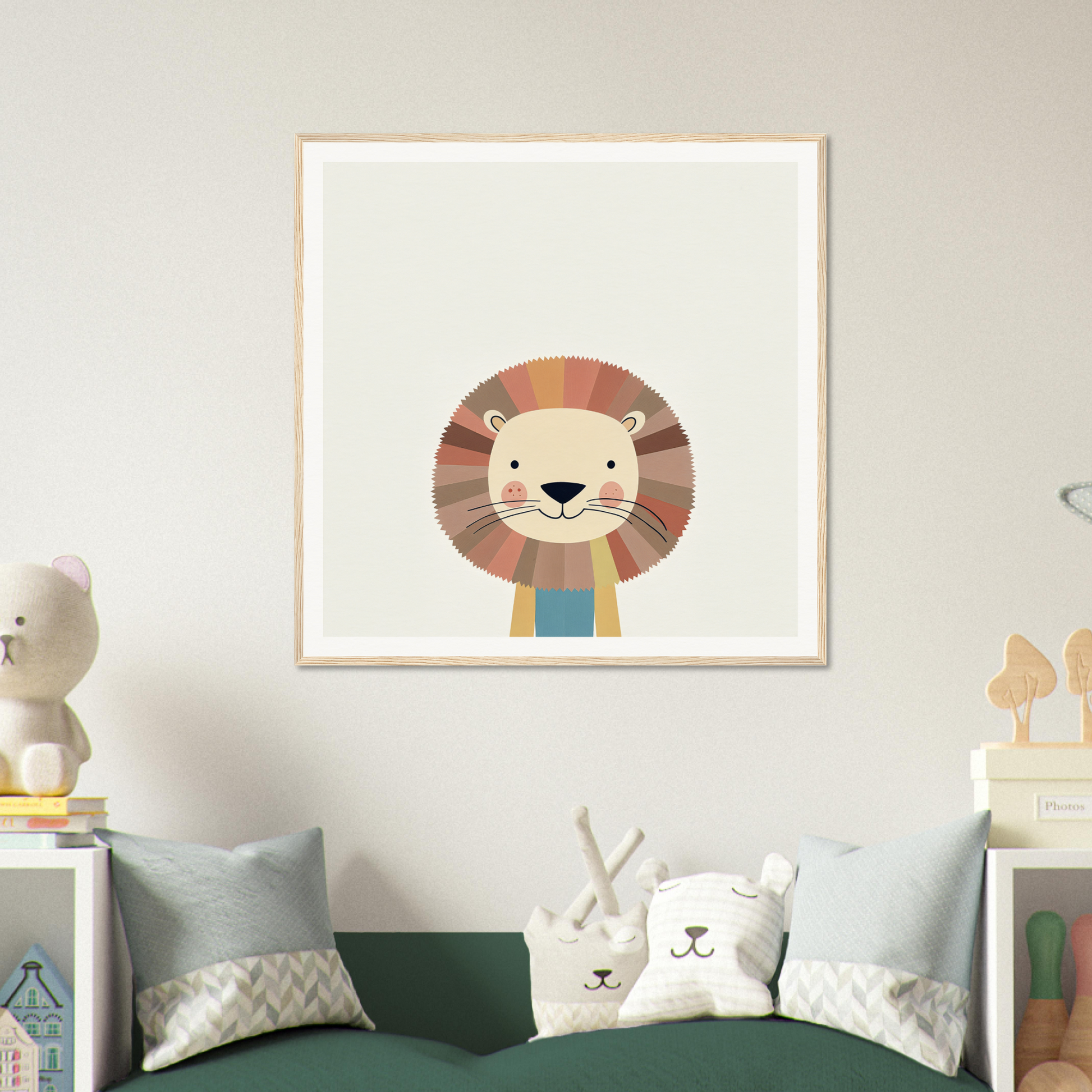 Cute cartoon lion in a blue scarf for nursery wall art in a framed poster