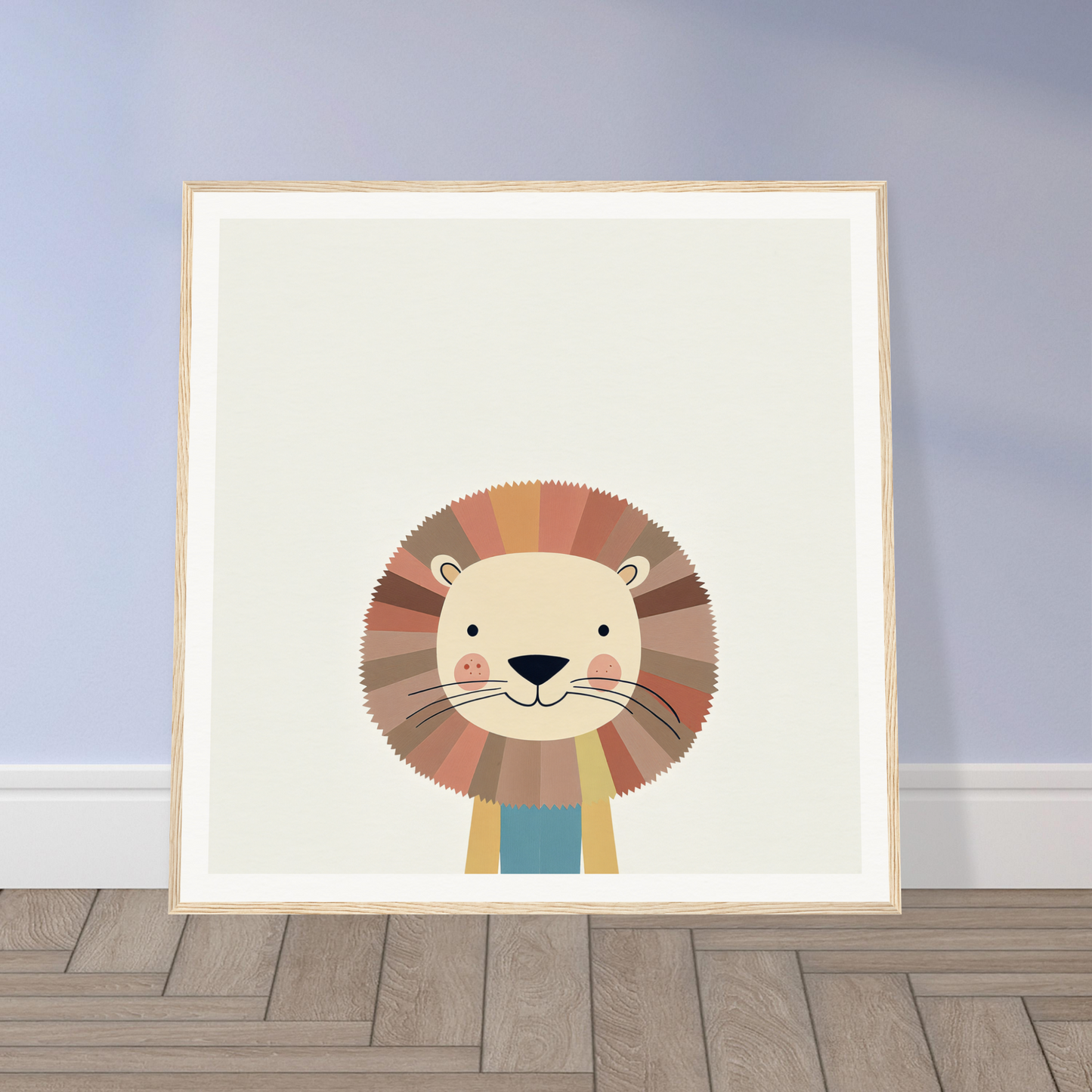 Cute cartoon lion in blue overalls, perfect for nursery wall art or decor