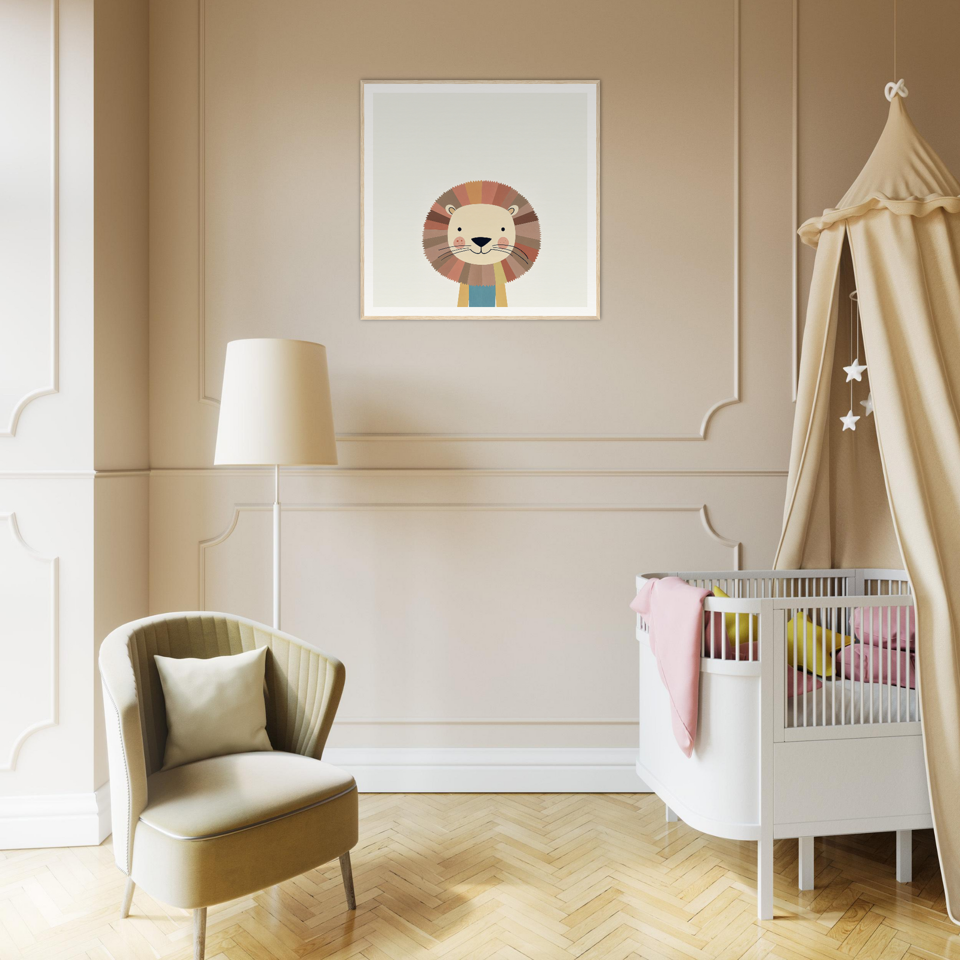 Nursery room with a white crib, beige canopy, and cute nursery wall art featuring lions