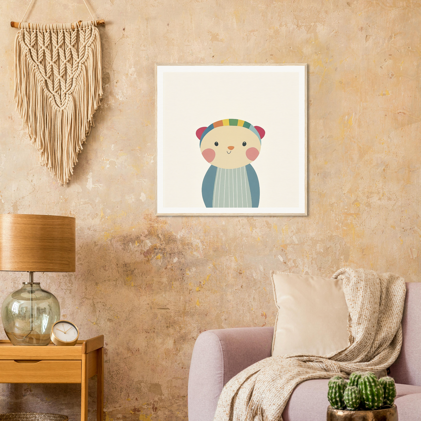 Cute cartoon bear in blue stripes, perfect for nursery wall art or decor