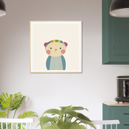 Cute cartoon bear in a striped beanie, perfect for nursery wall art and decor