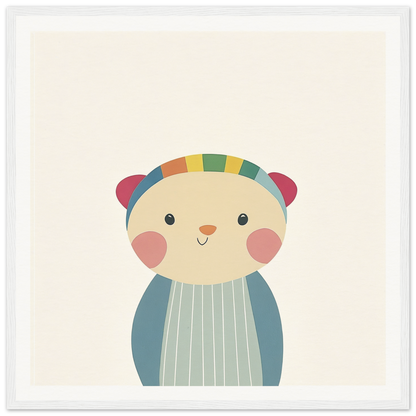 Cute cartoon bear with rosy cheeks in colorful headband, perfect for nursery wall art