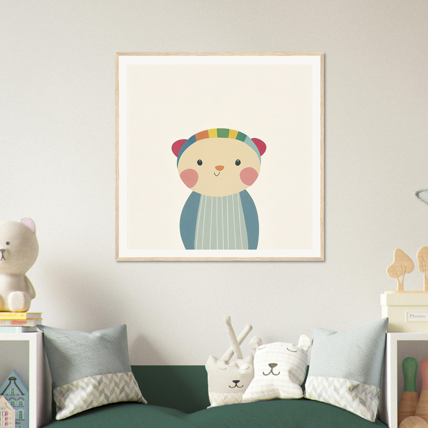 Cute cartoon bear in a blue sweater, perfect for nursery wall art or decor